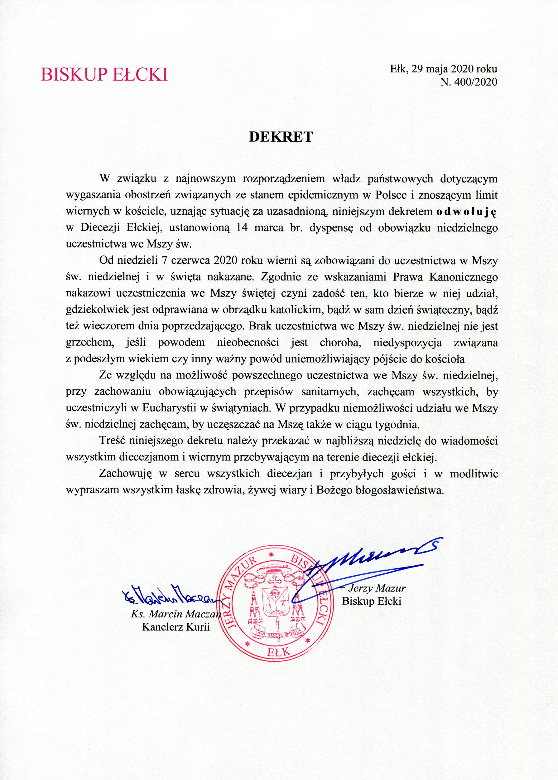 20200529 DEKRET BISKUPA EŁCKIEGO ODWOŁANIE DYSPENSY